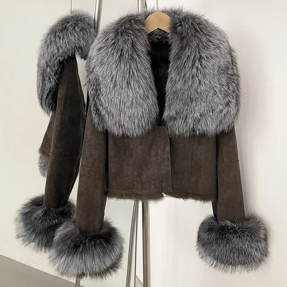 Hot Selling High-quality Big Raccoon Fur Collar Or Fox Fur Collar Winter New Suede Jacket Women Short Fashionable Slim Coat - Matrix Studios