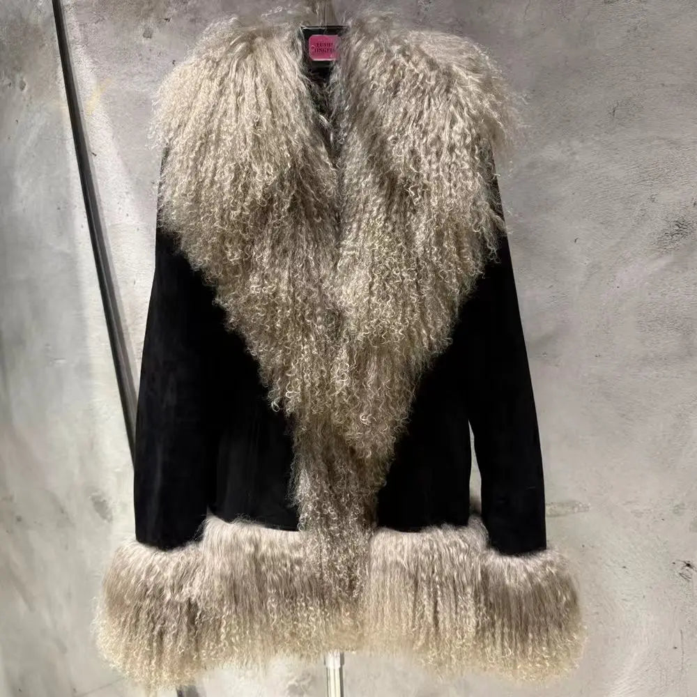 Sheep Fur Leather Coats Women Winter Luxury Mongolian Fur Leather Jackets with Long Sleeve with Natural Mongolian Fur 7251 - Matrix Studios