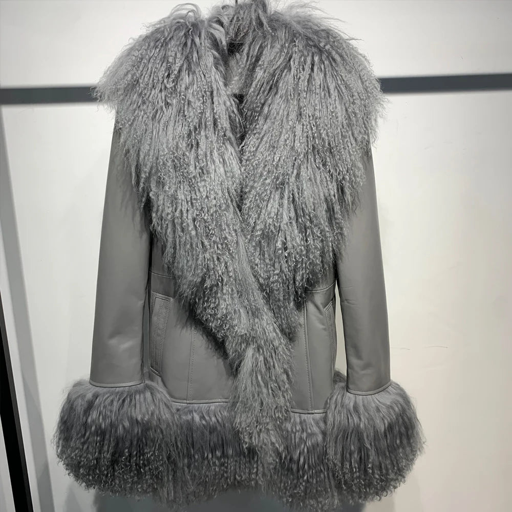 Sheep Collar Coats Women Winter Luxury Mongolian Fur Leather Jackets with Long Sleeve 7251 - Matrix Studios