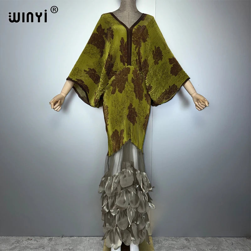 WINYI Pleated Elastic Loose Dress Beach Cover Up Abaya Dubai Luxury Party Dress Fashion Evening Dress Abaya Muslim Woman Kaftan - Matrix-studios.com