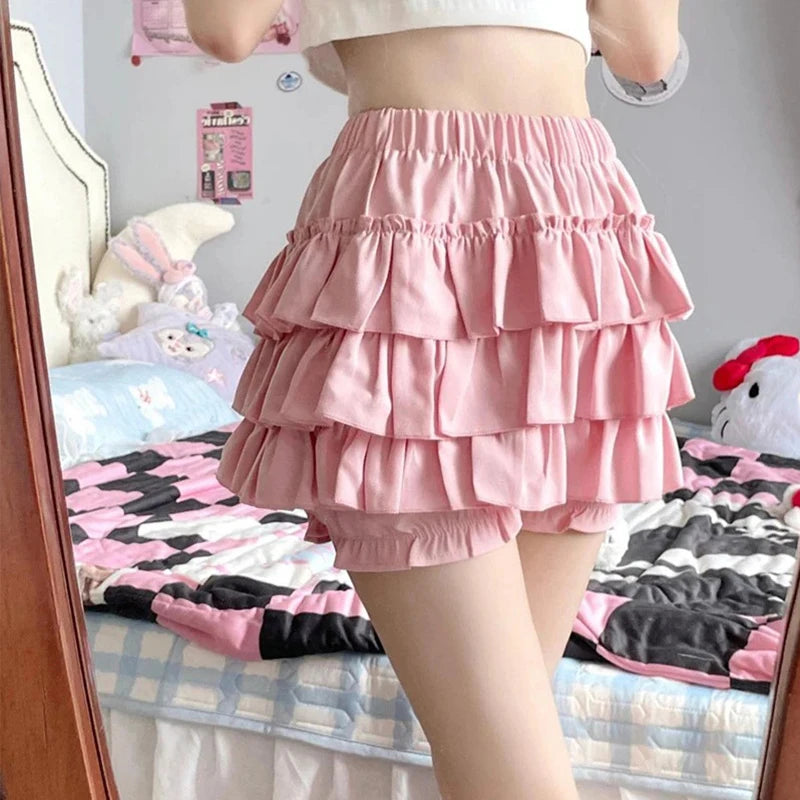 Y2K Sweet Ruffles Mini Skirt Women Kawaii Lolita Bow A Line Skirts Harajuku Japanese High Waist Pink White Ball Gown Skirt - Matrix-studios.com