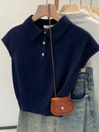 2026 New Summer Navy Polo Collar Women T-Shirt Fashion Solid Color Short Sleeve Knit Top Unique Chic Casual Tee - Matrix-studios.com