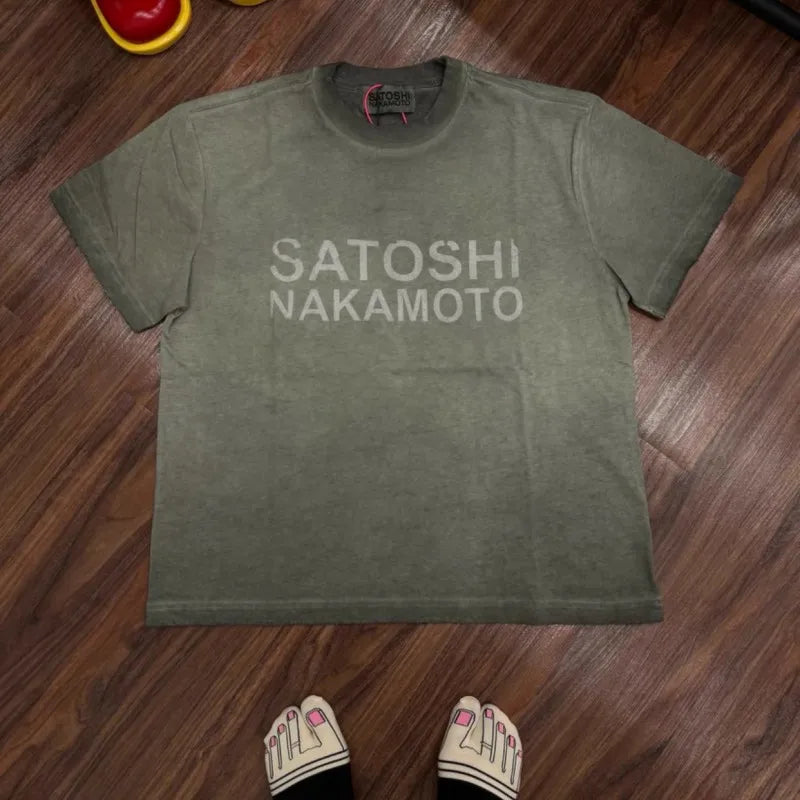 Summer High Streetwear Vintage Washed Worn Fading Classic Letter SATOSHI Tshirts Men Women Cyberpunk Short Sleeve Y2K Tops - Matrix-studios.com