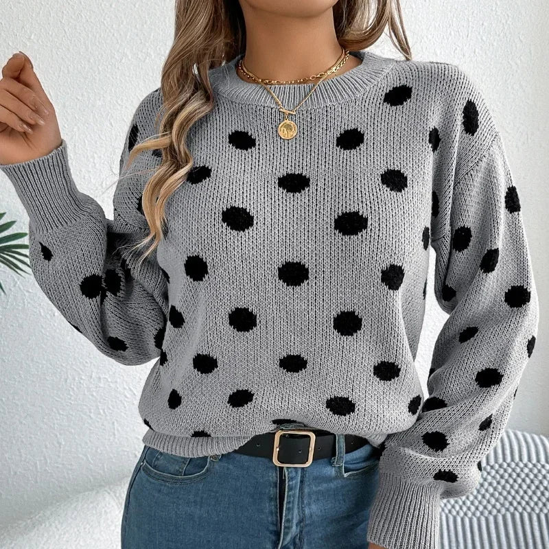 2025 Autumn/Winter Casual Contrast Color Polka Dot Sweater Women Round Neck Loose Pullover Female Fashionable Retro Outerwear - Matrix Studios