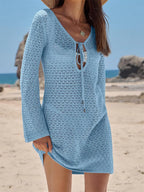 Women Beach Cover Up Solid Color Tie-Up Front Hollow-Out Summer Swimsuit Coverup Bathing Suit Mini Beach Dresses - Matrix Studios