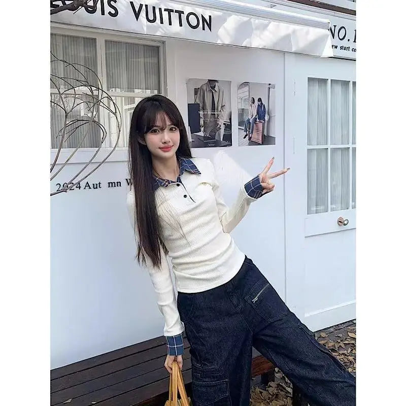 American POLO Collar Checkered Long-sleeved T-shirt Women Spring Fall New Slim Fit Embroidered Elegant Fake Two-piece Top - Matrix-studios.com