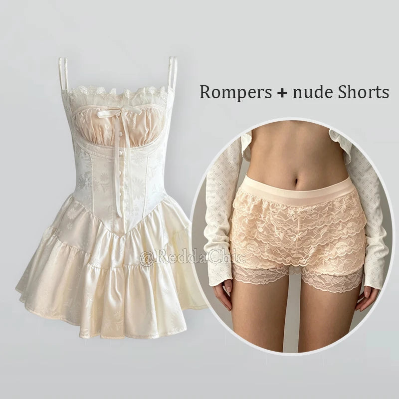 REDDACHiC Floral Satin Women Rompers Stitch Lace Corset Square Neck Buttoned Camisole Mini Dress Pretty Elegant Summer Clothes - Matrix Studios