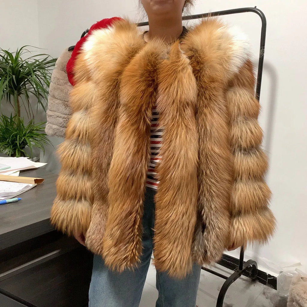 HUA QIU MEI SI Natural Red Fox Fur Jacket for Women's Winter Warmth 100% True Fur Leather Jacket Red Fox Jacket - Matrix Studios