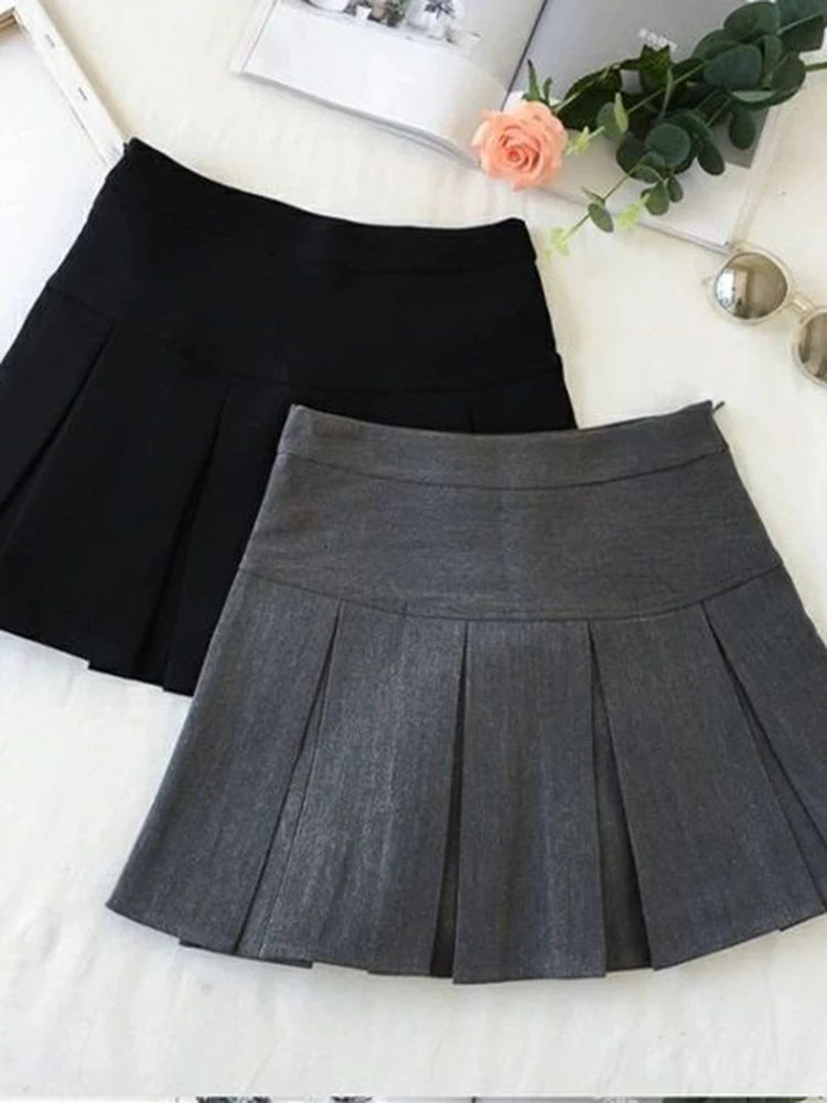 ZOKI Vintage Gray Pleated Skirt Women Kawaii High Waist Mini Skirts Korean Fashion School Uniform Harajuku Streetwear Spring - Matrix-studios.com