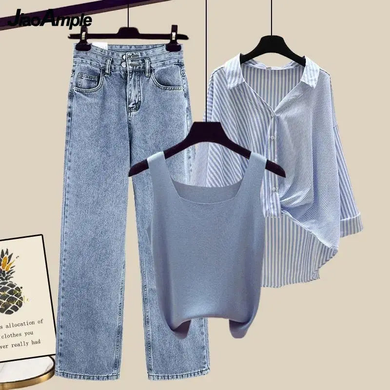 Women's 2026 Spring Summer New Fashion Striped Sunscreen Shirt+Vest+Jeans Suit Korean Elegant Cardigan+Denim Pants Matching Set