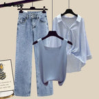 Women's 2026 Spring Summer New Fashion Striped Sunscreen Shirt+Vest+Jeans Suit Korean Elegant Cardigan+Denim Pants Matching Set
