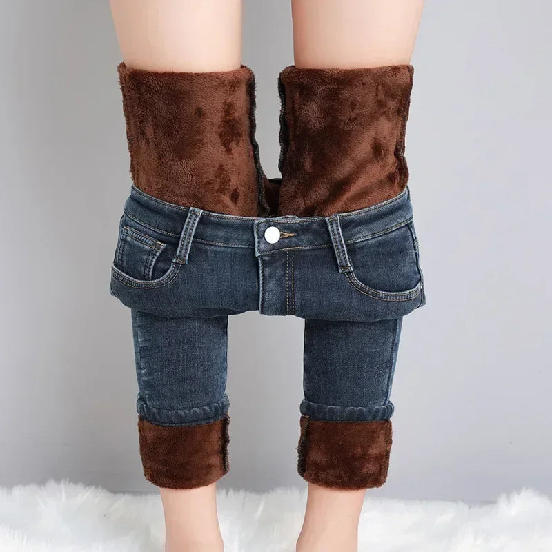 Women Thermal Skinny Jeans Mom Winter Warm Plush Stretch Jeans Lady Fleece Snow Denim Pants Student Pencil Straight Leg Trousers - Matrix-studios.com