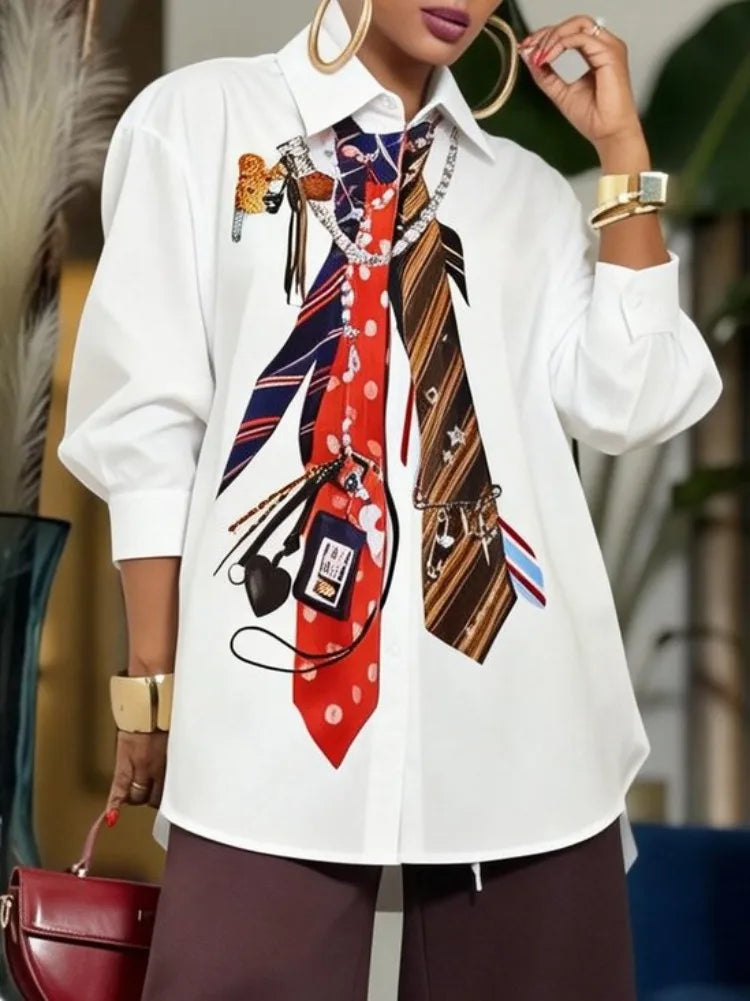 Yeezzi 2026 New Trendy Tie Printed White Shirts For Women Puff Sleeves Loose Buttoned Asymmetric Hem Streetwear Blouses - Matrix-studios.com