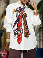 Yeezzi 2026 New Trendy Tie Printed White Shirts For Women Puff Sleeves Loose Buttoned Asymmetric Hem Streetwear Blouses - Matrix-studios.com