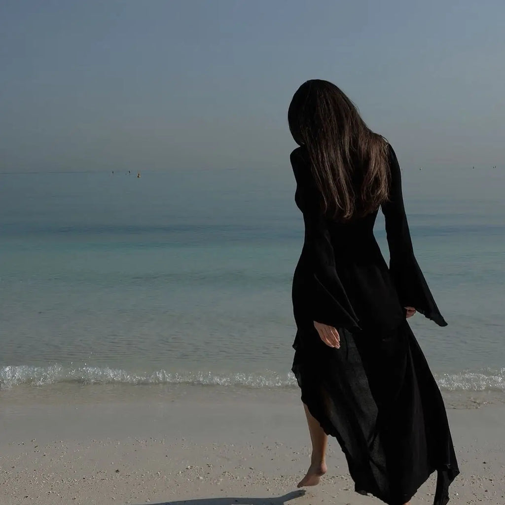 Beach Cover Up Cover-ups Dress Chiffon Long Sleeve Sunscreen Beachwear Womens Clothing Sexy V Neck Ruffled Black White New Tunic - Matrix Studios