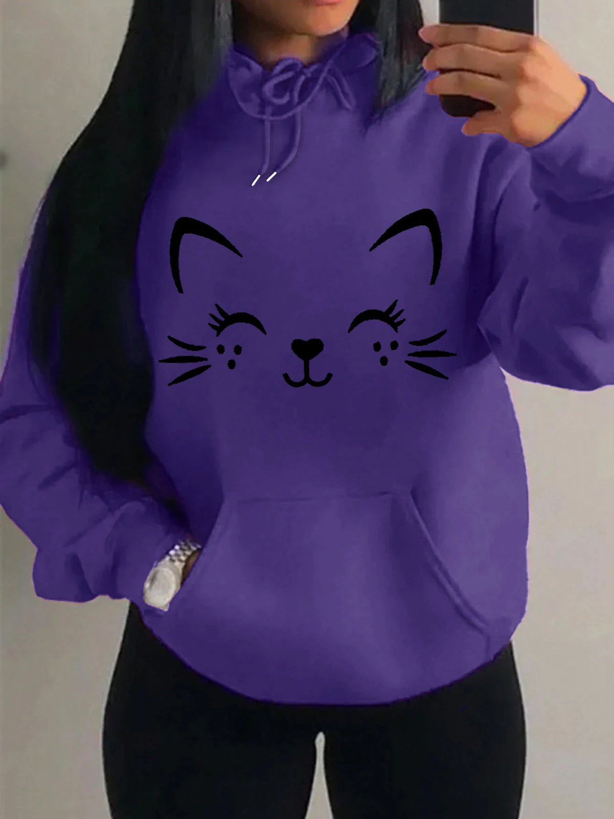 Simple Word Cat Happy Pattern Women Hoodies Fashion Casual Streetwear Personality Hip Hop Hoodie Trendy Fleece Pulloverar