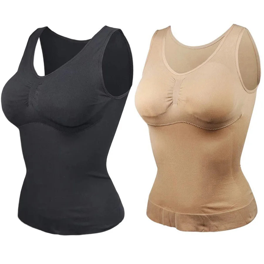 Women Tummy Control Shapewear Classic 2-IN-1 with Padded Bra High Elastic Vest Body Shaper Slim Up Lift Corset Cami Tank Tops - Matrix-studios.com