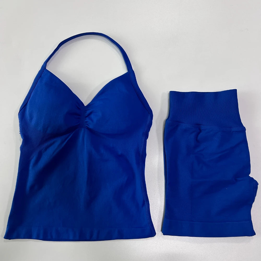 No Logo 2Pcs Gym Set Women Backless Tank Tops High Waist Scrunch Seamless Shorts Gym Suit Fitness Clothes Activewear Workout Set - Matrix-studios.com