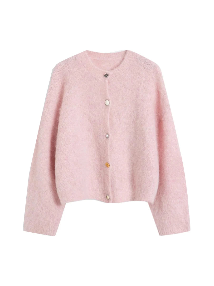 SuyaDream, Women Cardigans, 78%Alpaca, O Neck, Single breasted Solid Sweaters, 2025 Fall Winter Warm Jackets, White, Grey, Pink - Matrix Studios