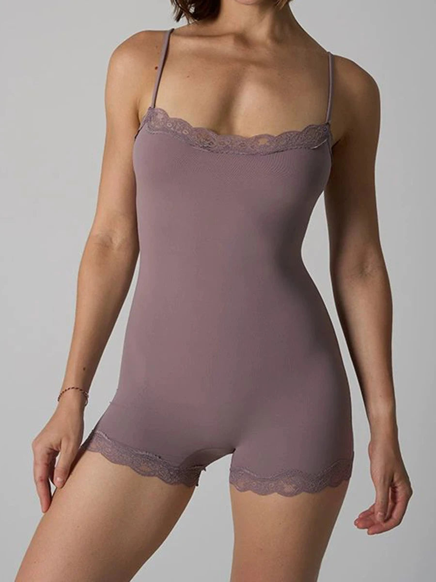 Lace Trim Slim Playsuits Woman High Elasticity Adjustable Strap Skinny Bodysuit Solid Fashion Streetwear Smooth One-piece Tops - Matrix Studios