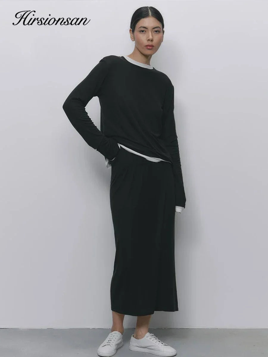 Hirsionsan Modal Soft Loose Sets Women 2026 Casual Two Pieces Long Sleeve T Shirts and High Waist Dresses Outfits Tracksuit - Matrix-studios.com