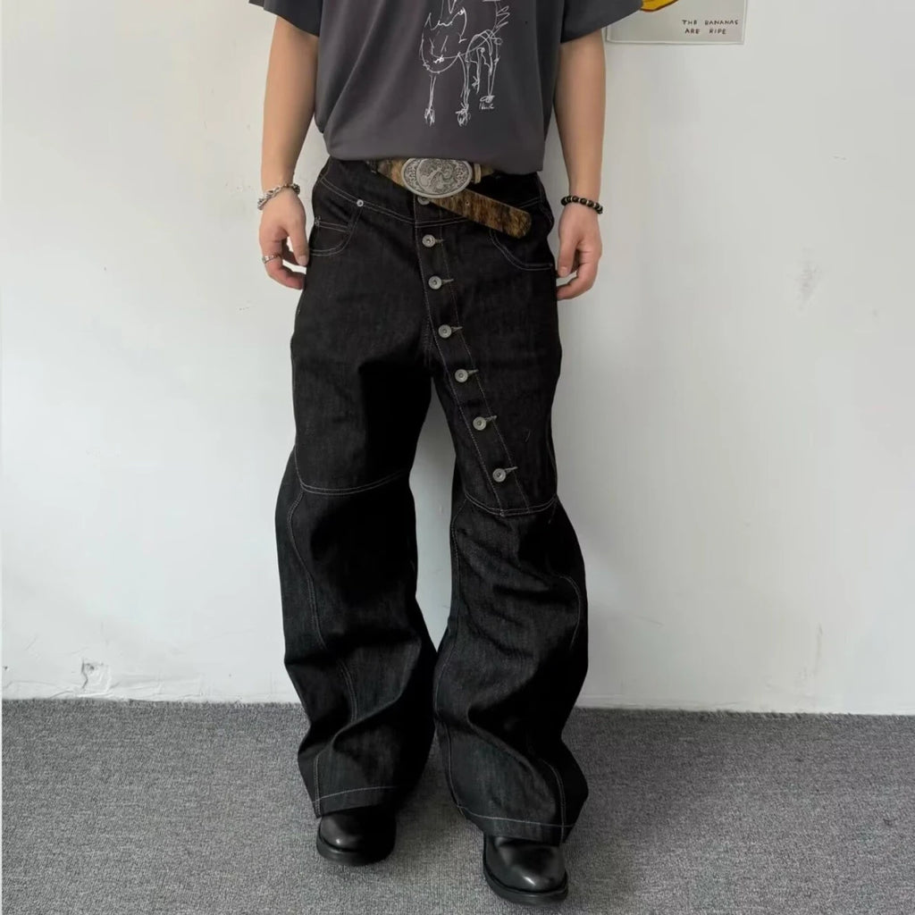 American Retro Long Row Button Design Men's Jeans High Street Loose Wide Leg Floor-Length Trousers Trendy Casual Jeans - Matrix Studios