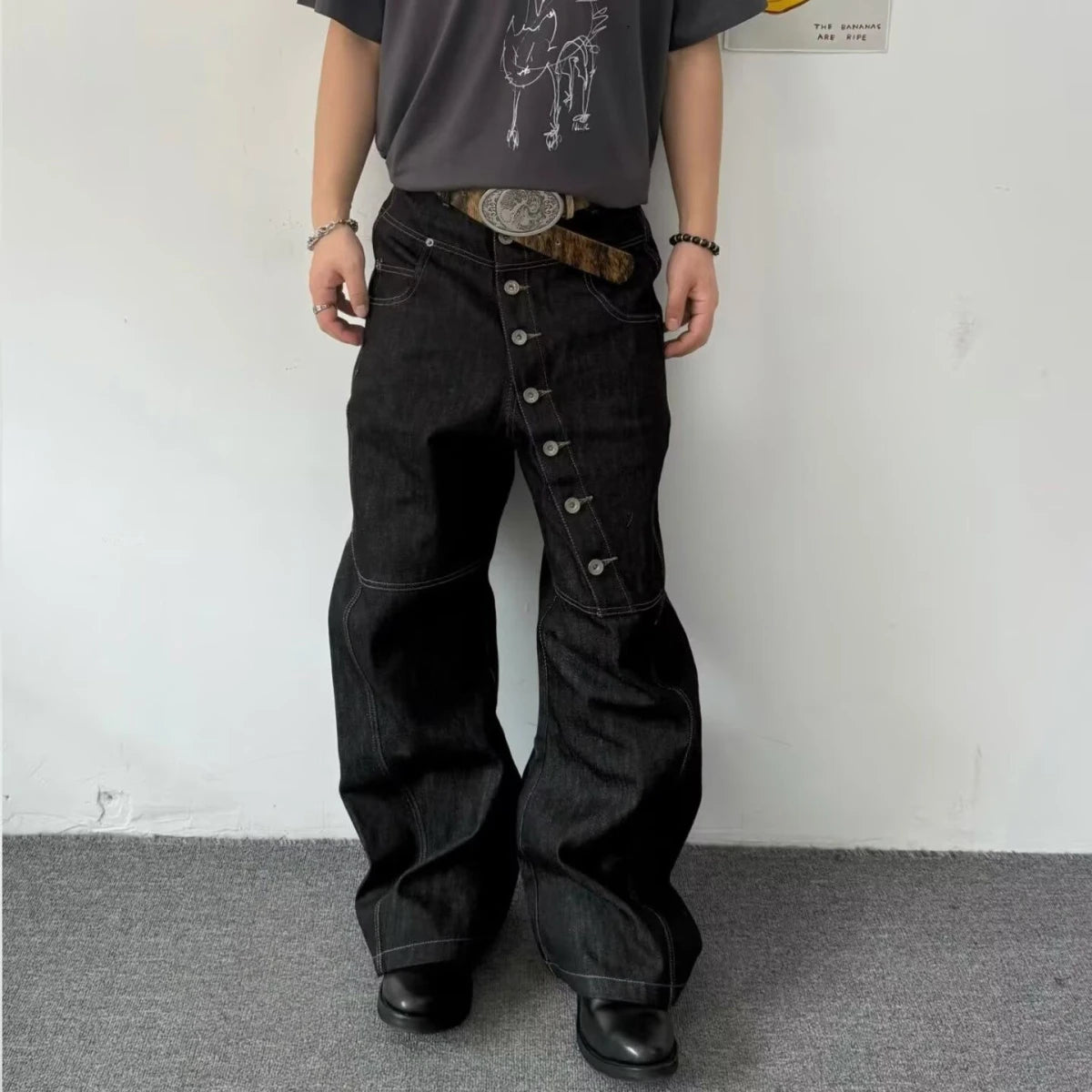 American Retro Long Row Button Design Men's Jeans High Street Loose Wide Leg Floor-Length Trousers Trendy Casual Jeans - Matrix Studios