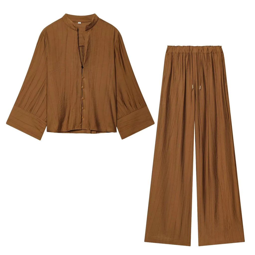 Autumn new women's loose and simple V-neck long sleeved shirt with elastic waist and wide leg pants set - Matrix-studios.com
