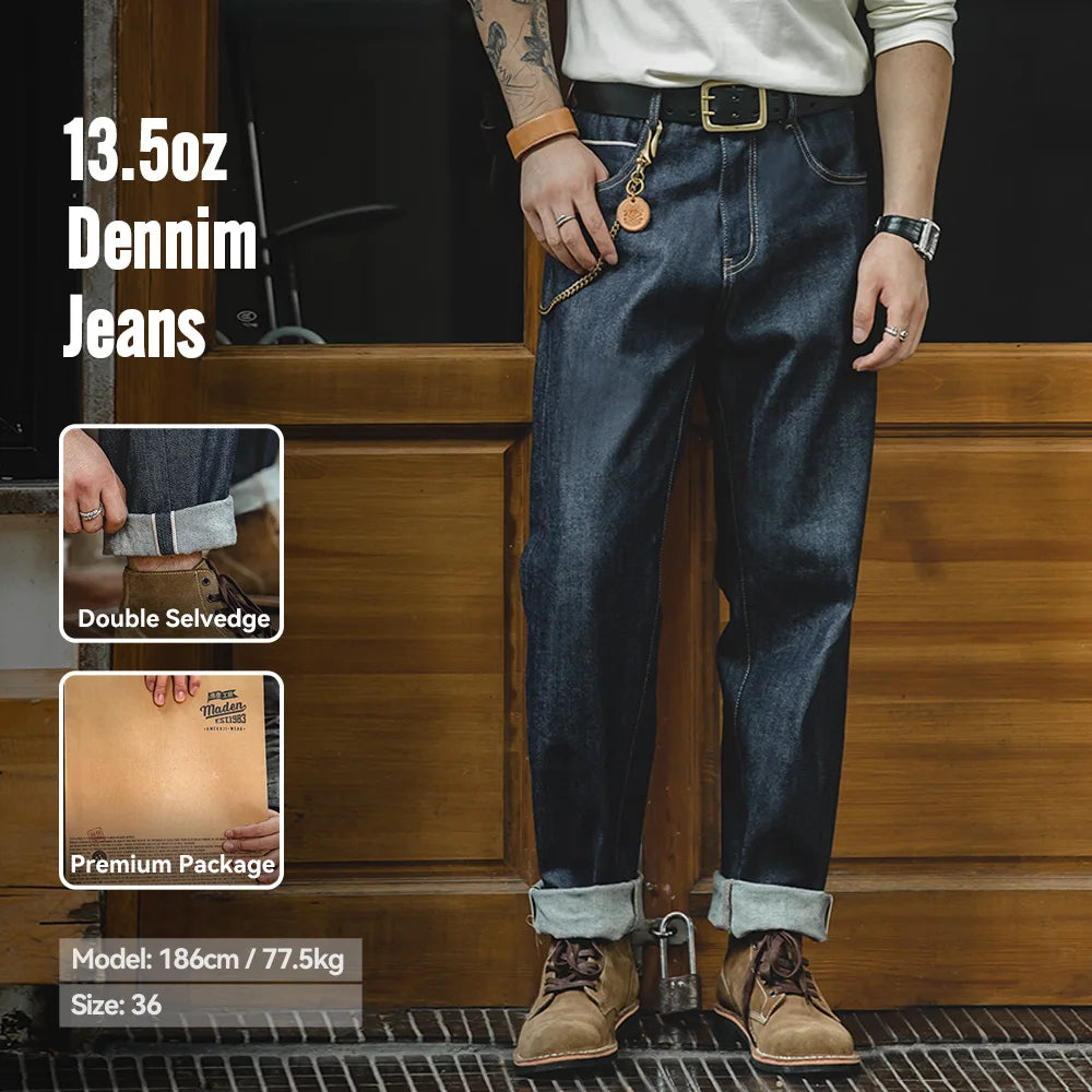 Maden Vintage 13.5oz Heavyweight Selvedge Raw Denim Jeans Men's Straight Fit Cotton Jeans Casual Pocket Trousers Fall Winter - Matrix Studios