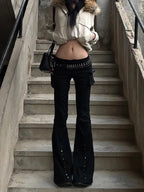 Women Dark Academia Goblin Core Long Trousers Gyaru Goth Low Rise Flare Pants Y2K Streetwear Stretch Japanese Harajuku Grunge