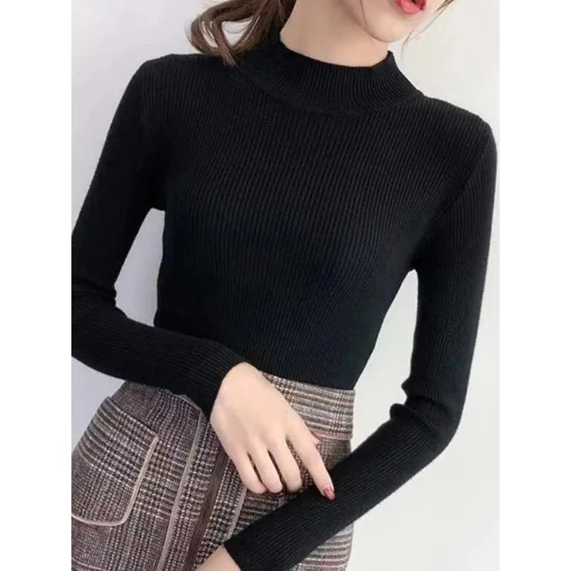 Autumn Winter Mock Neck Women Sweater Vintage Basic Solid Knitted Tops Casual Slim Pullover Korean Sweaters Simple Chic Jumpers - Matrix Studios