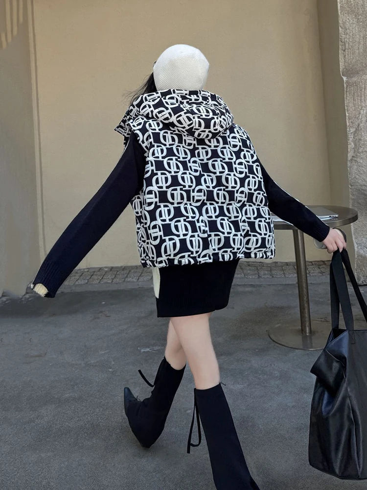 Autumn Winter Hooded Letters Printed Down Vest Women White Duck Down Sleeveless Casual Vests Female Warm Zipper Loose Waistcoats - Matrix Studios