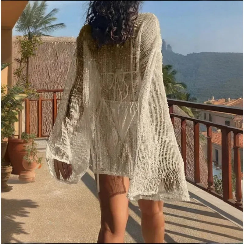 See Through Hollow Out Beach Dress Women Casual Lace Long Sleeve Side Slit Cover Ups 2026 Summer Sexy Beachwear Bikini Cover Up - Matrix Studios