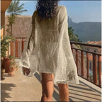See Through Hollow Out Beach Dress Women Casual Lace Long Sleeve Side Slit Cover Ups 2026 Summer Sexy Beachwear Bikini Cover Up - Matrix Studios