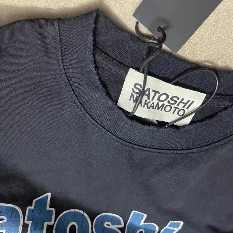Ripped Hole Satoshi Nakamoto T-shirt High Quality Splash-ink Pattern Short Sleeve Retro Casual Loose Round Neck T Shirts - Matrix-studios.com