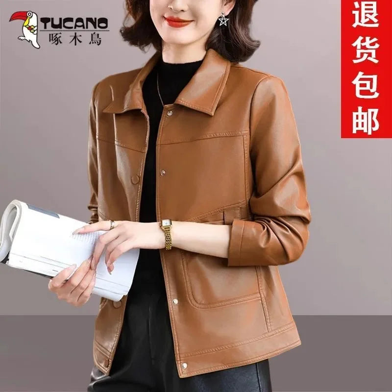 PU Leather Coat Short Female Young Style Autumn Winter New Western-Style Leather Casual Jacket Thicken Versatile Thin Fur Women - Matrix Studios
