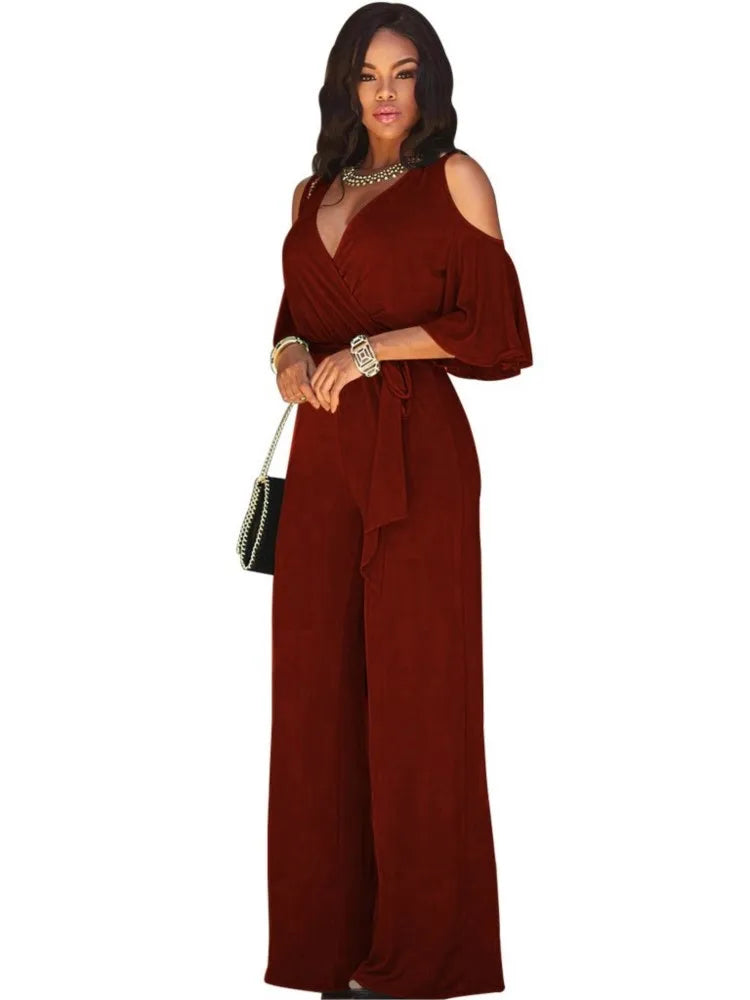 Spring Summer Solid Color Women Sexy Deep V Neck Short Sleeve Rompers Fashion Slim Fit Lace Up Elegant Female Wide Leg Jumpsuit - Matrix Studios