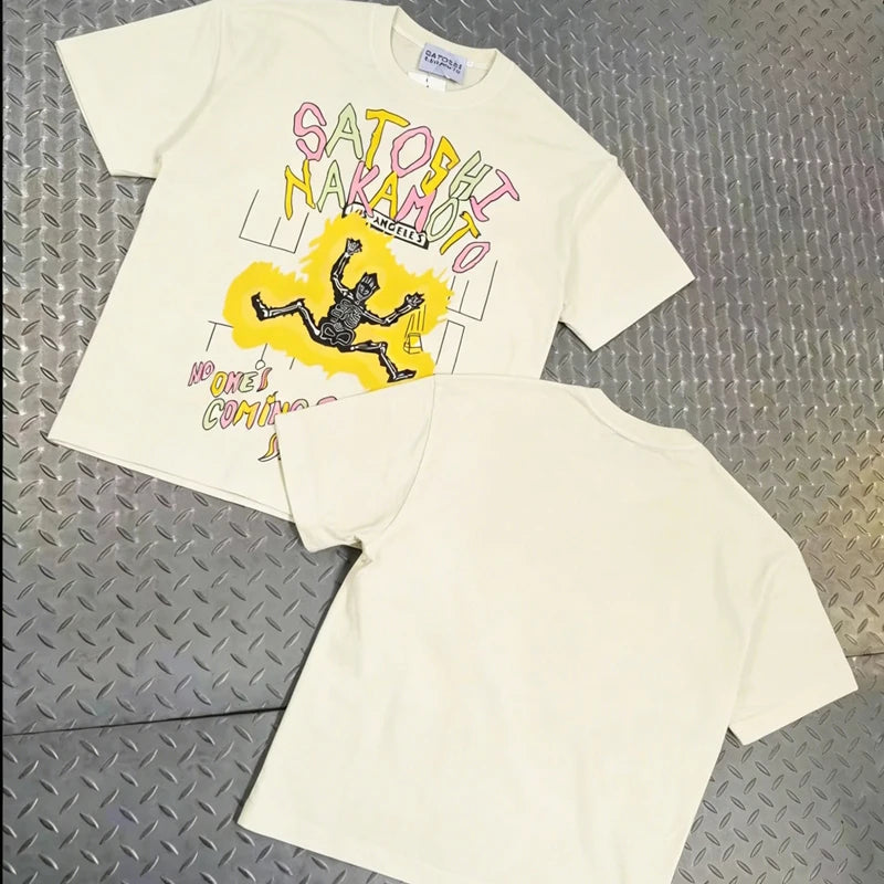 Europe America Trend Street Brand Satoshi Nakamoto T Shirts Colorful Letter Prints Washed Short-sleeved Men Women Loose Top Tee - Matrix-studios.com