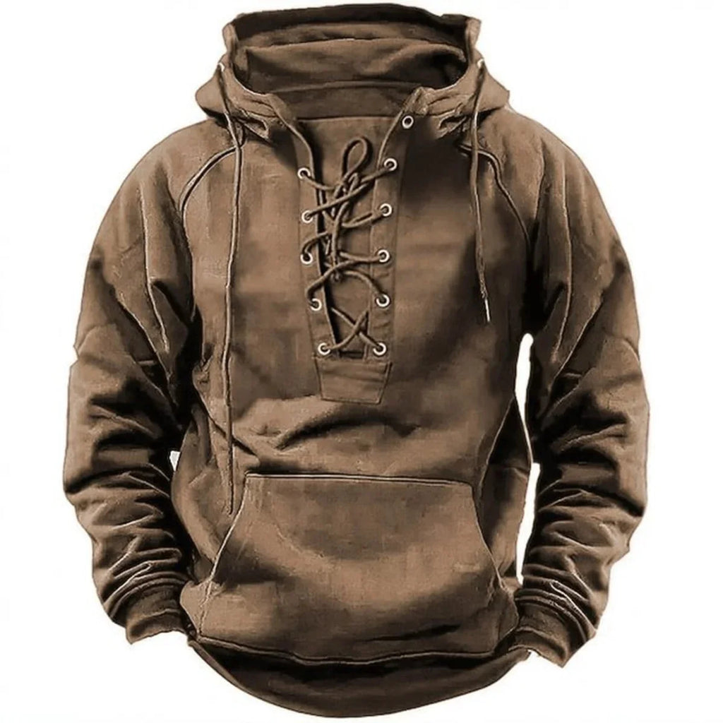 Men's Retro-Style Lace-Up Hooded Sweatshirt Loose-Fitting Long-Sleeved Pullover Pure Color Design for Autumn Winter Hoodie - Matrix Studios