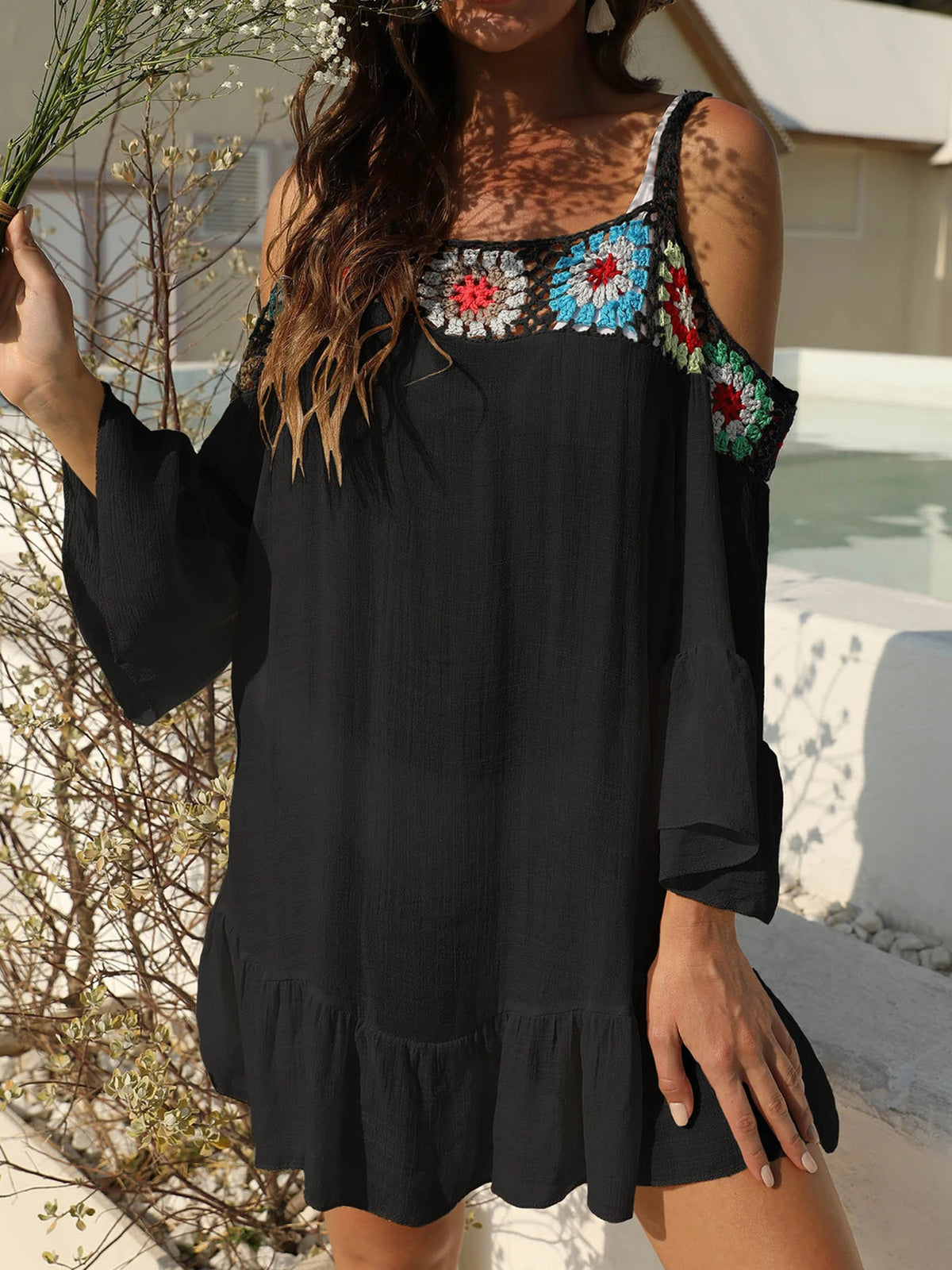 Handmade Crochet Patchwork One-Shoulder Bikini Cover Up Pool Party Beach Holiday Sunscreen Smock See-Through Casual Beach Dress - Matrix Studios