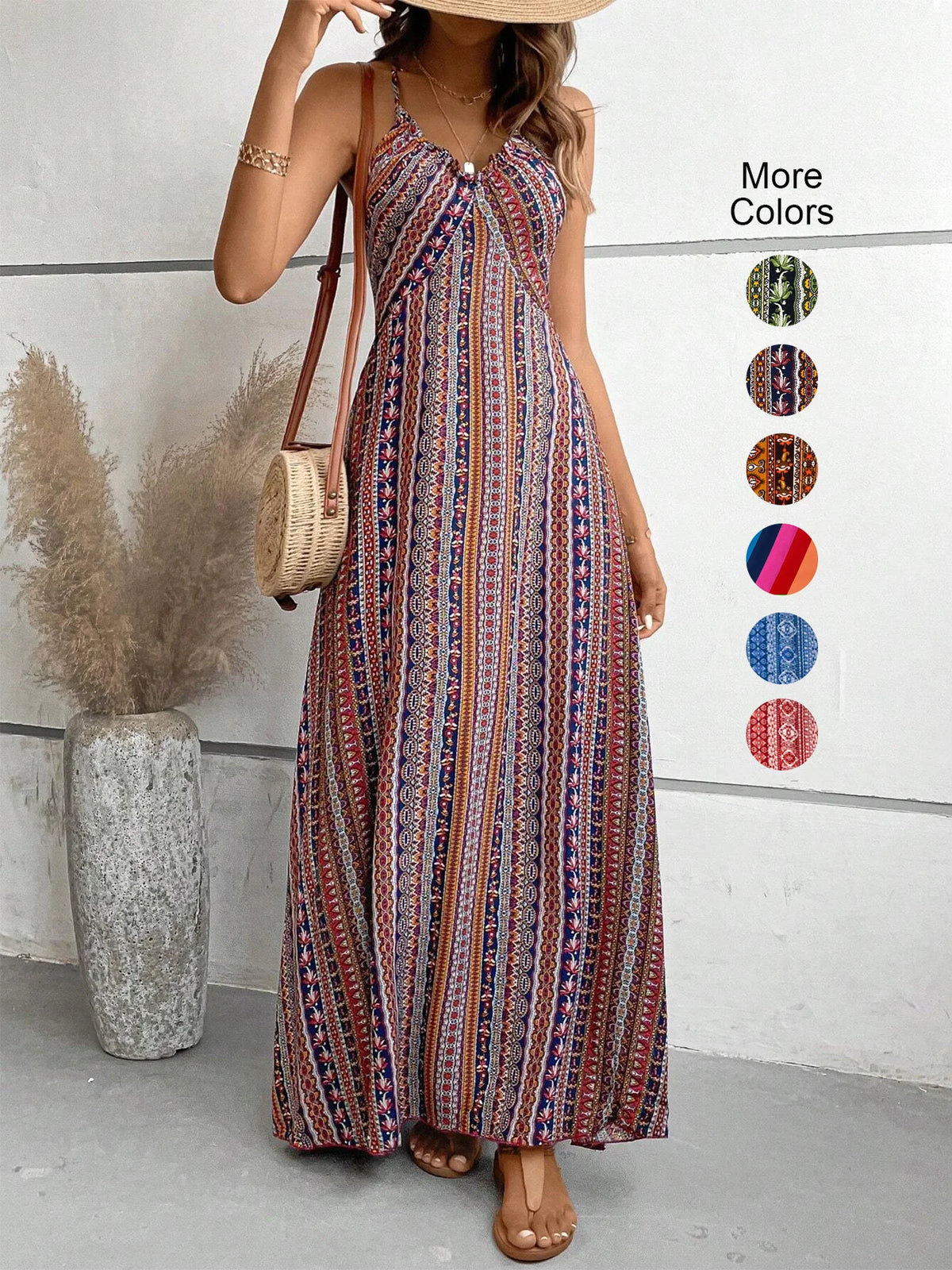 Women's Summer Ethnic Pattern Backless Split Thigh Dress Ladies Summer Clothes Boho Fashion Frill Trim Long Dress for Beach - Matrix-studios.com
