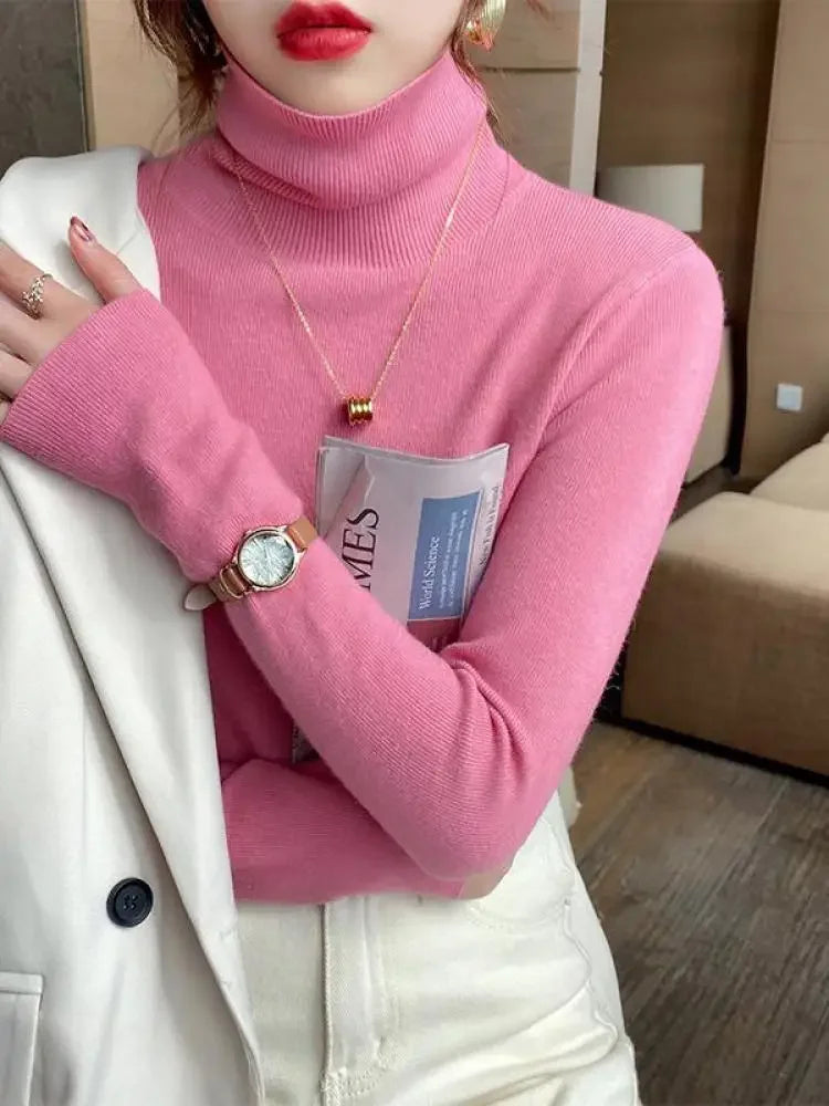 2026 Autumn Winter Basic Slim Soft Solid Color Turtleneck Sweater Pullover Women Casual Long Sleeve Chic Bottom Knitted Jumper - Matrix Studios