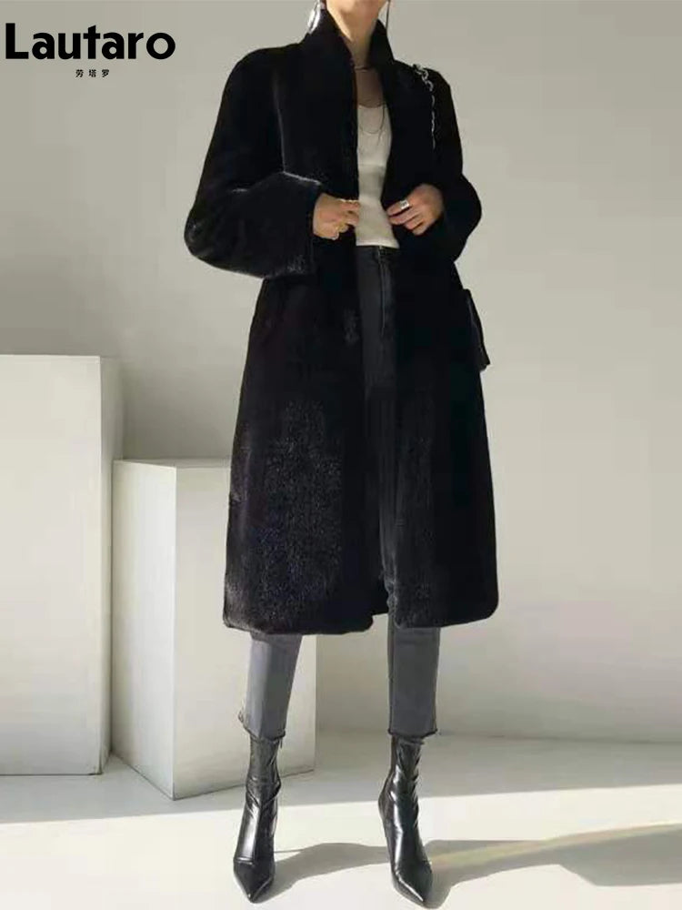 Lautaro Winter Long Black Luxury Elegant Stylish Thick Warm Fluffy Hairy Soft Faux Mink Fur Coat Women Stand Collar Sashes 2023 - Matrix Studios