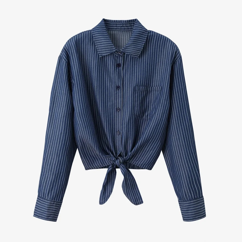 AS  SS26 Lyocell light Denim pinstripe wrap shirt + dress matching set fashionable vitality women's outfit - Matrix-studios.com