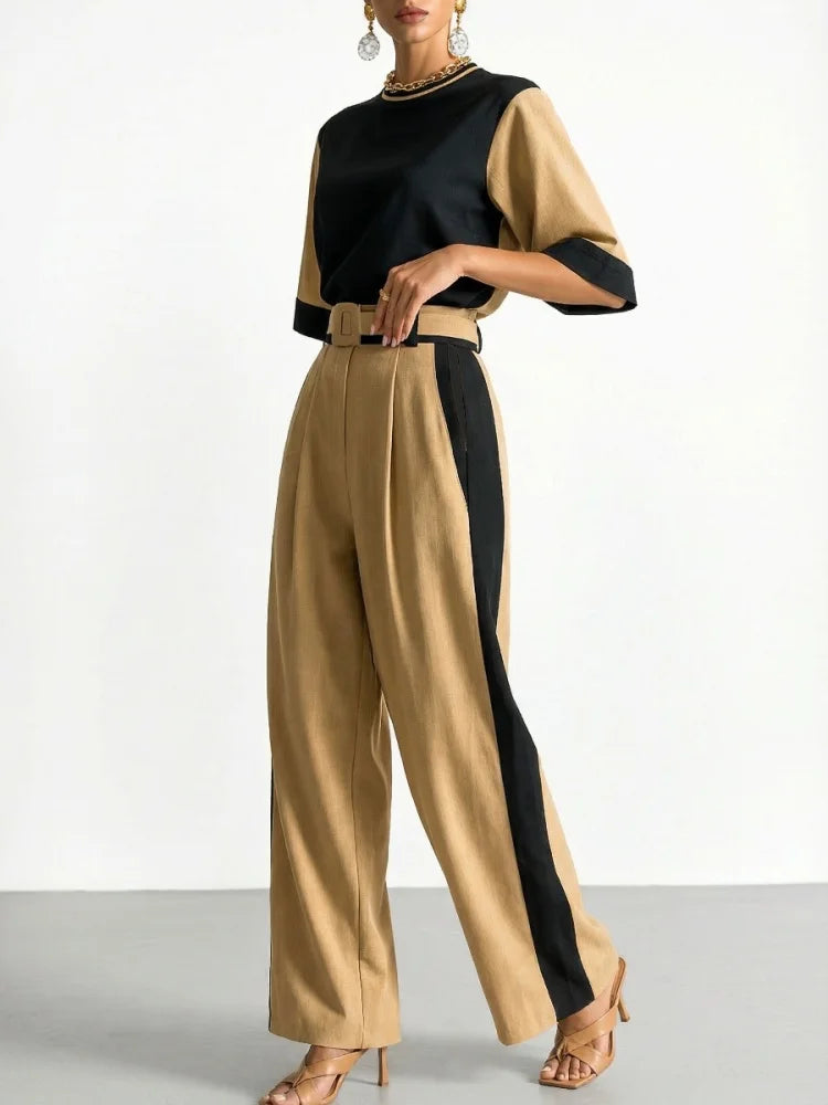 Pants Set Round Neck Mid Sleeve Color Block Top Belted High Waist Wide Leg Pants For Women Business Office Daily Commute Formal Matching Outfit - Matrix-studios.com