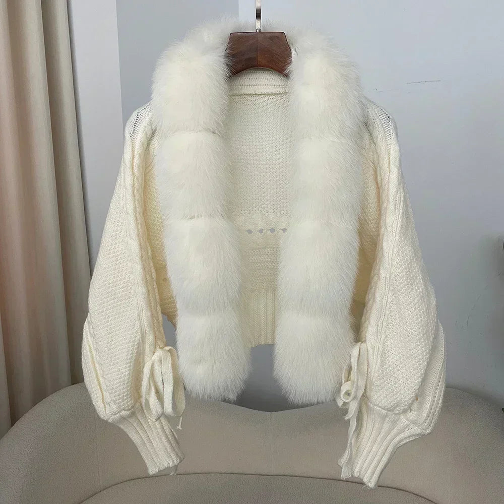 2024 Winter New Fashion Knitting Cardigan Placket Coat Women Casual Real Fox Fur Coat Short Warm Knitted Jacket with Natural Fur - Matrix Studios