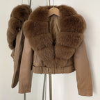 OFTBUY Natural Fox Fur Faux Leather Jacket Female New Autumn Short Top Clothing Women Long Sleeve Fake Leather Real Fur Coat - Matrix Studios