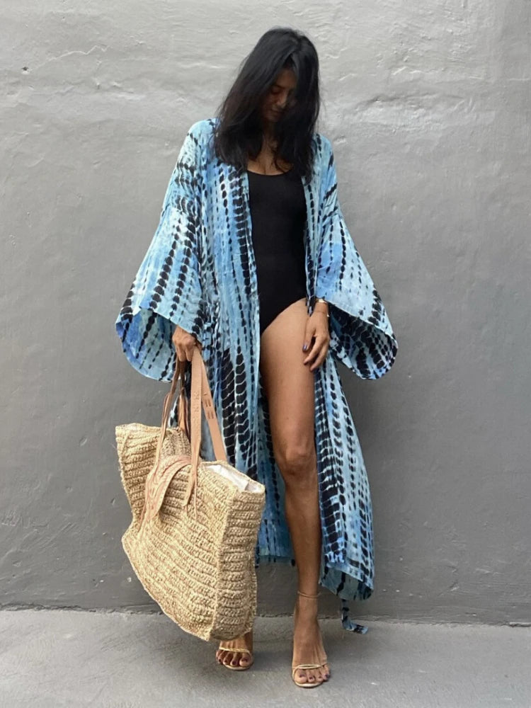 Bikini Cover Up Tie Dye Printed Women Long Beach Kimono Swimsuit Cape 2022 New Summer Beachwear Self Belted Bathing Suit - Matrix Studios