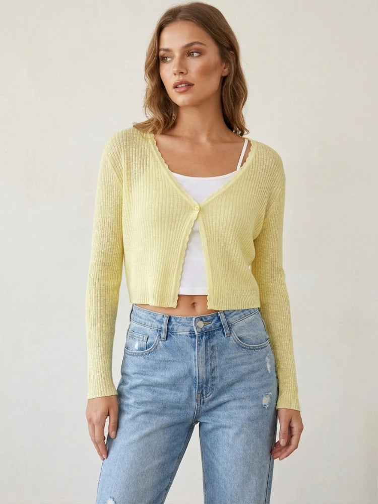 Women Cardigans Long Sleeve Knitted Outerwear Solid Thin Spring Short Sweaters V-neck Knitwears Korean Fashion Cardigans 2026 - Matrix Studios
