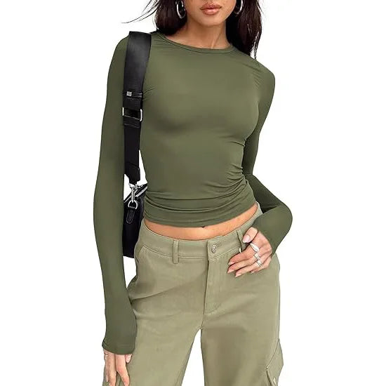 1pcs Four Seasons Fashion Senior Women T-shirt Long Sleeve Crew Neck Solid Slim Fit Tee Ladies Crop Top  Daily Streetwear Camis - Matrix-studios.com
